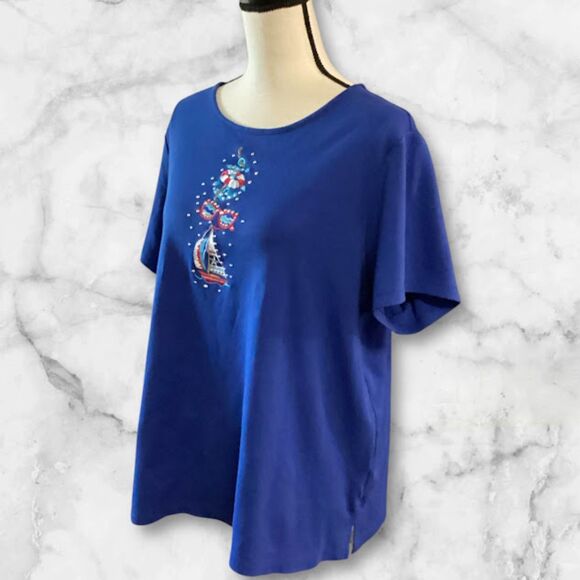 Quacker Factory Gone Sailing Short Sleeve Top Women's 1X in Nautical Blue - Picture 2 of 10